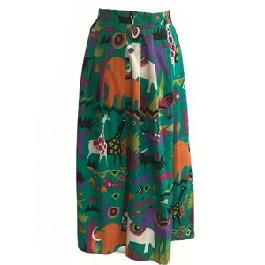 Vtg 80s Batya Bright Multicolor African Animal Cotton Midi Skirt Pleated Size 10